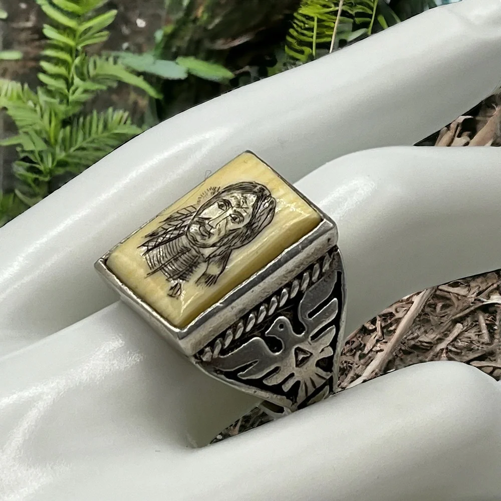 Fred Harvey Southwest Native American Thunderbird Carved Chief Silver Ring 9.5 - Picture 8 of 9